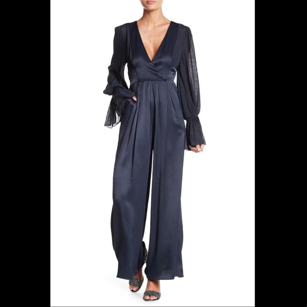 FREE PEOPLE “Not Your Baby” Satin Wide Leg Deep V High Waist Jumpsuit Size 0/XS - Picture 2 of 15